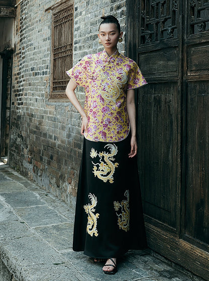 HECO Chinese style golden dragon embroidery short-sleeved placket buttoned shirt - QAND.