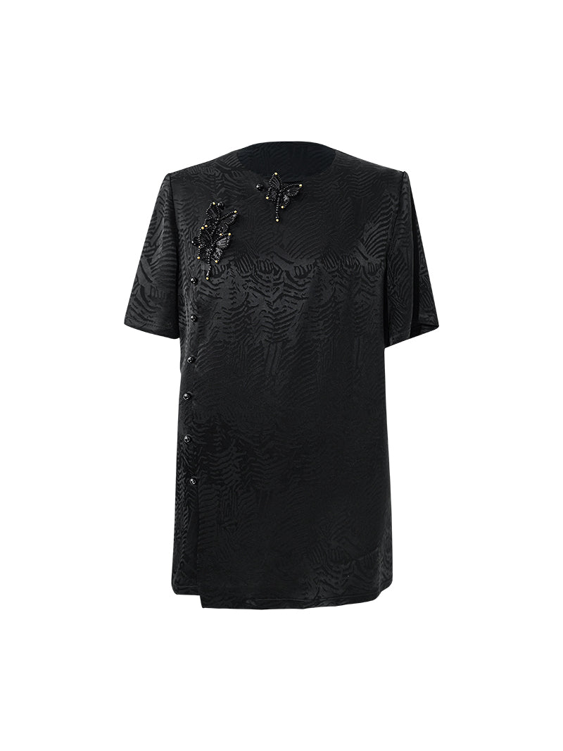 HECO Jacquard Round Neck Short Sleeve Black White Shirt Top Woman - GRACE.