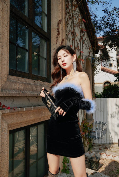 DOLLY Elegant Black Off Shoulder Blue Furry Tube Top Short Velvet Party Dress-URIEL