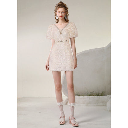 CHECOCRE summer new high-end fashion puff sleeve nail diamond dress - ROAR.