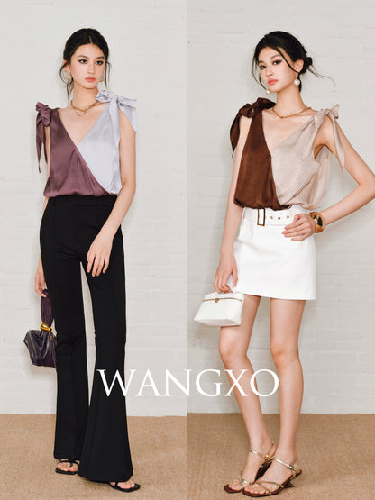 WANGXO | Satin Crossover V-Neck Dual-Wear Top -VIOLETTA.
