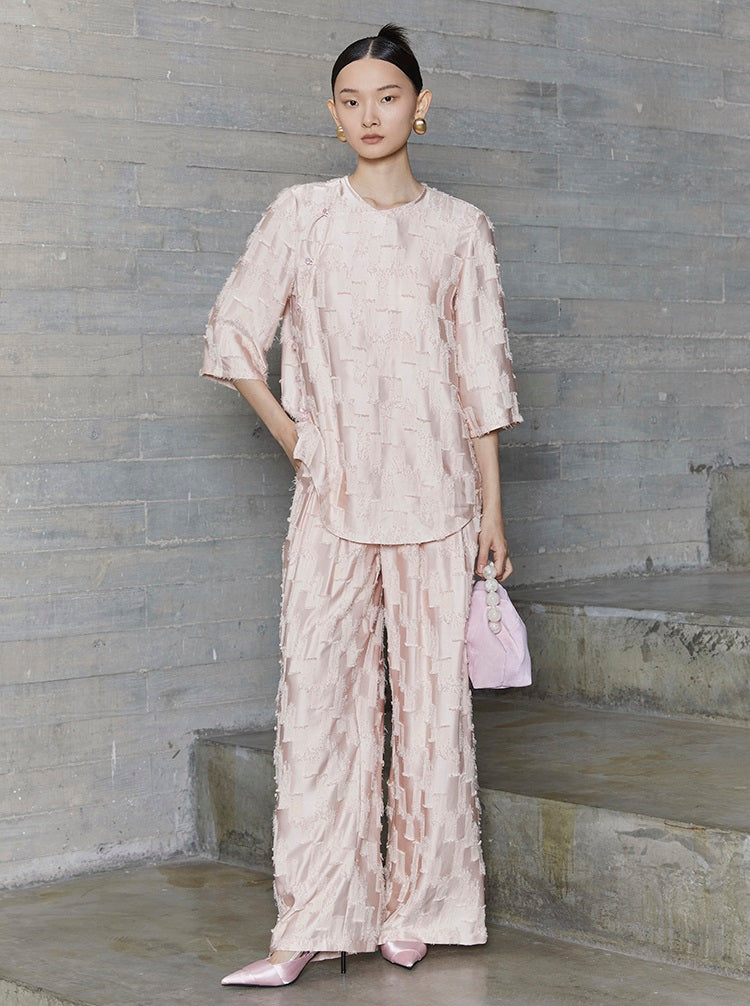 HECO jacquard loose thin wide-leg high waisted black pink apricot PANTS women - PURPOSE.