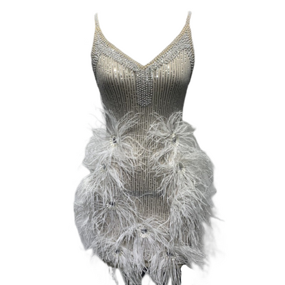 DOLLY Luxury Sliver V-Neck Sleeveless Beaded Sequin Feather Short Dress-JULIA