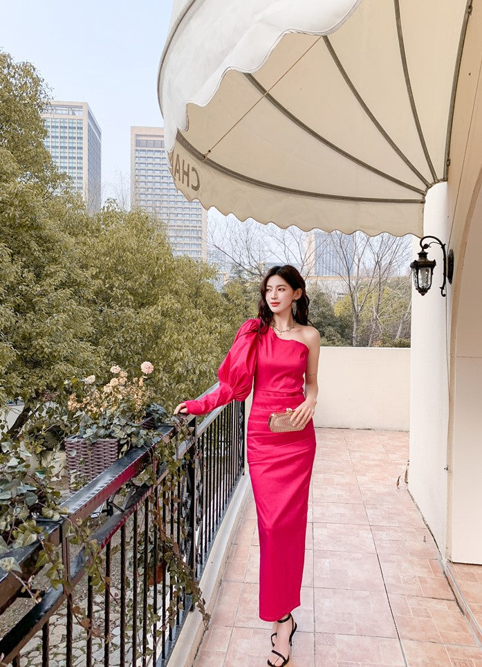 DOLLY Elegant Pink One Shoulder Lantern Sleeve High waist Slit Long Party Dress-KATE