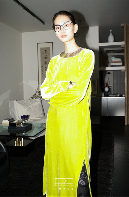 TUYUE Willow Yellow Satin Woven × Silk Velvet H-Shaped Slit Dress- FRANKLIN.
