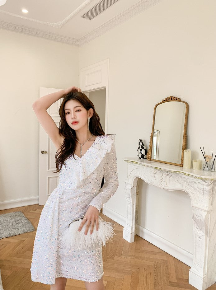 DOLLY Luxury White Sequined Slant Collar Off Shoulder Long Sleeve Dinner Dress-KAKA