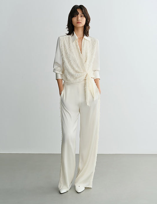 COMME MOI Lu Yan designer's new texture splicing satin straight-leg pants  -FAITH.