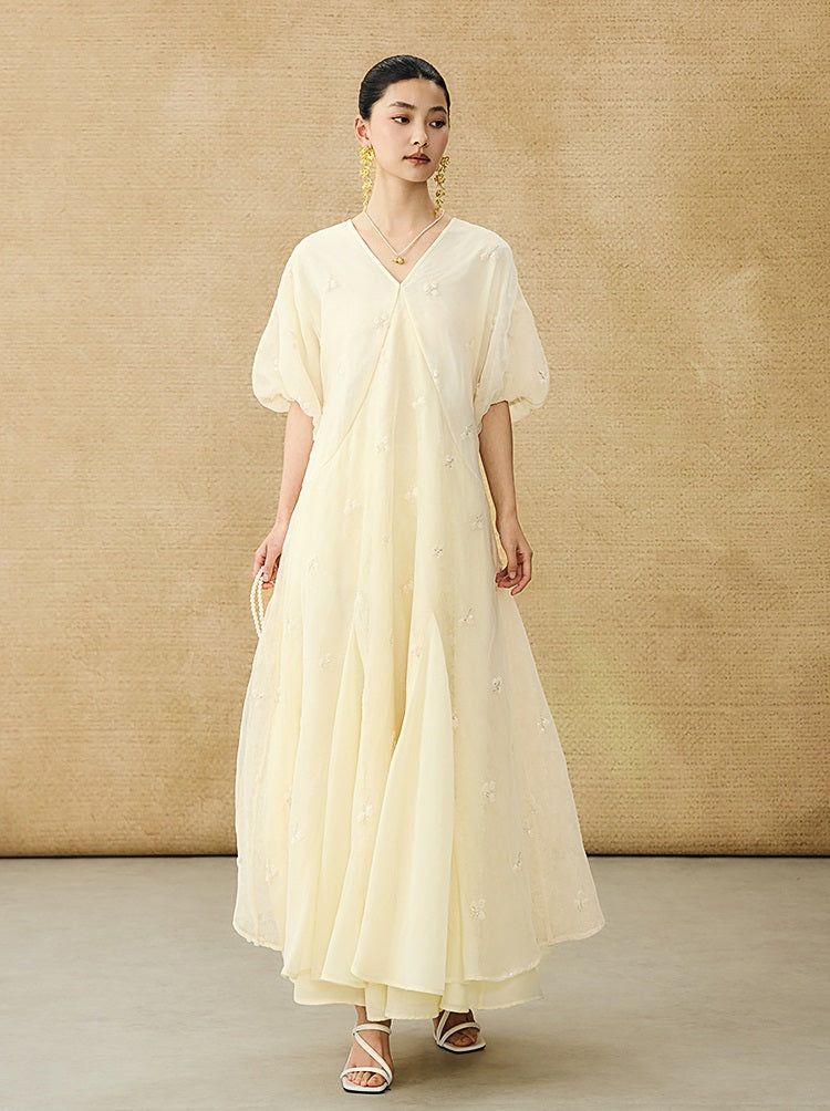 HECO  New Chinese Embroidered V-Neck Puff Sleeve Dress - CORAINE.