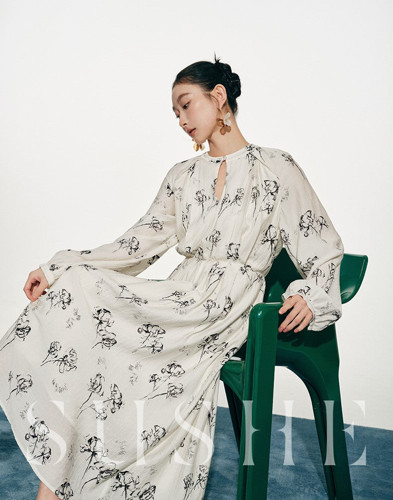 SUSHE white moonlight ink jacquard A-line  French summer long sleeve dress women-FLORA
