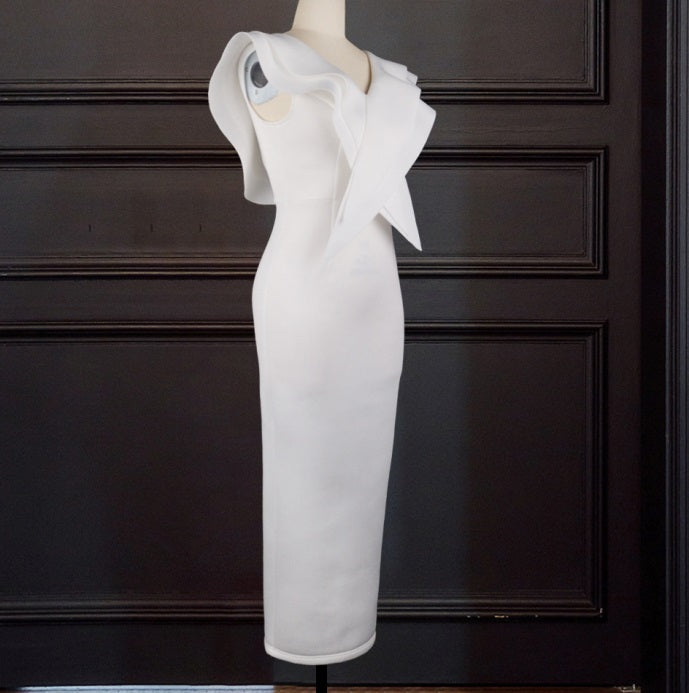DOLLY Elegant White V-Neck Flying Ruffle Sleeve Slim Fit Long Goddess Dress-CLAUDIA