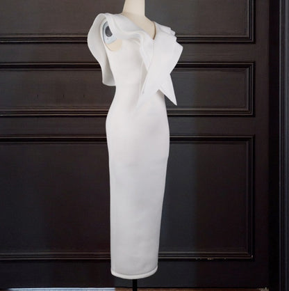 DOLLY Elegant White V-Neck Flying Ruffle Sleeve Slim Fit Long Goddess Dress-CLAUDIA