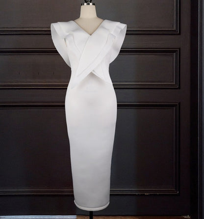 DOLLY Elegant White V-Neck Flying Ruffle Sleeve Slim Fit Long Goddess Dress-CLAUDIA