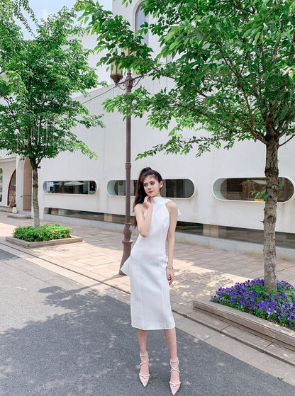 DOLLY Luxury Halter Neck Sleeveless Backless Big Bow Dinner Dress-PELA