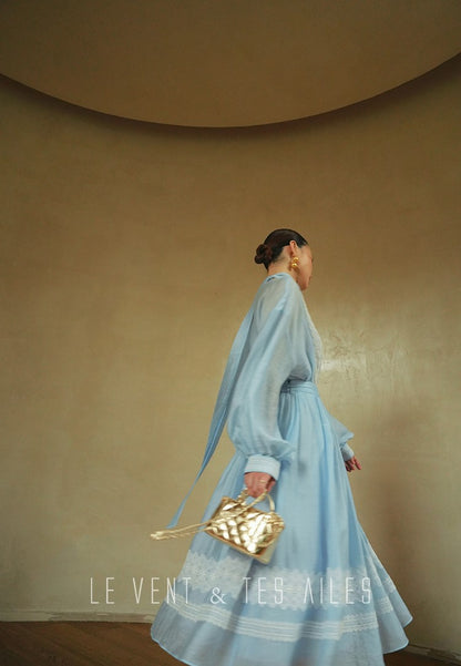 LE VENT&TES AILES pastel blue elegant summer vacation  V-neck shirt skirt set -GWEN