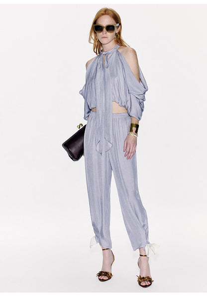 ATELIER MISS LU Draped Off-the-shoulder Streamers Acetate Top - BLEIG