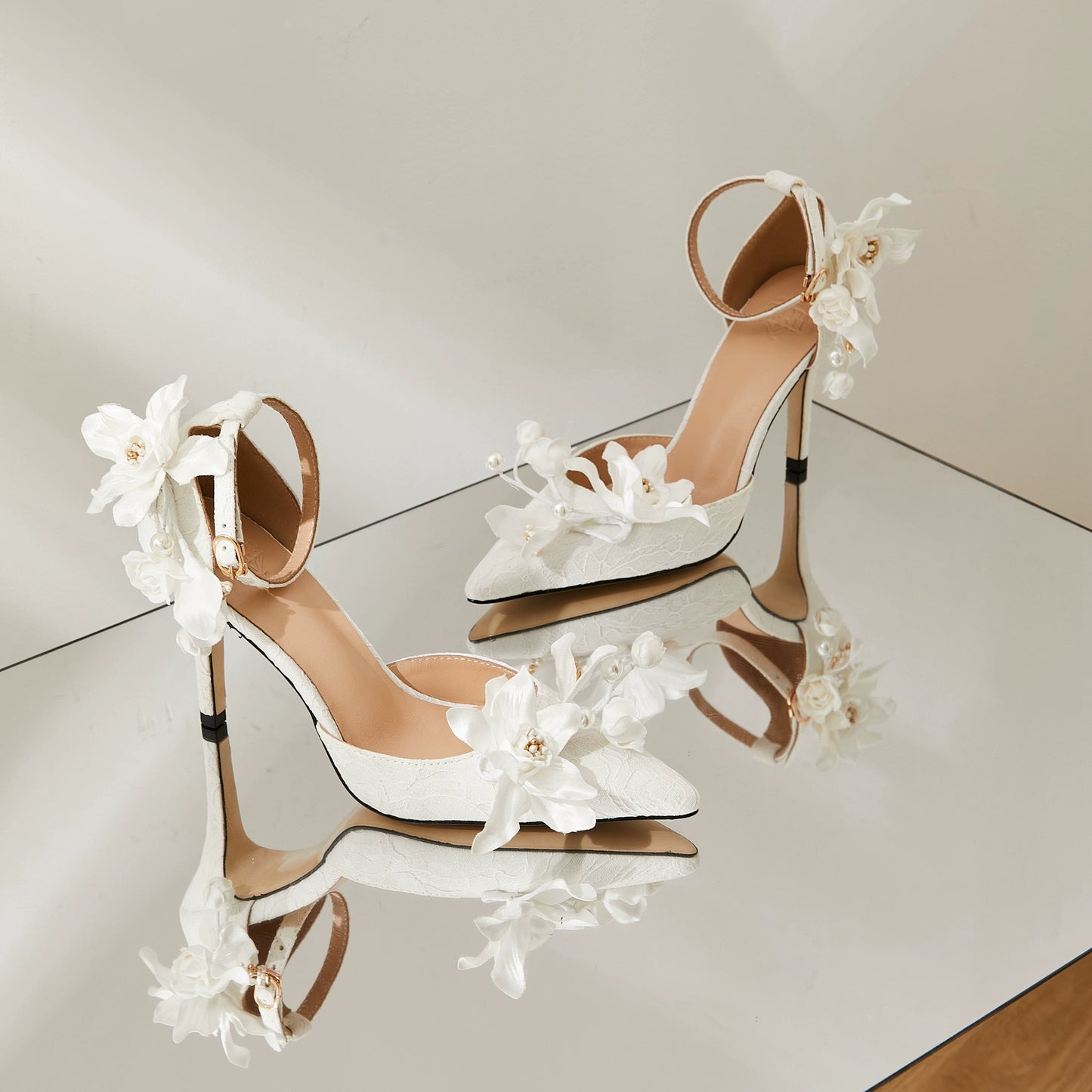 B-FEI white flower wedding ankle strap high heel shoes-MIJI.