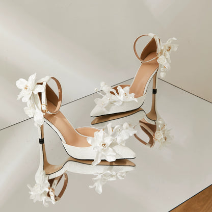 B-FEI white flower wedding ankle strap high heel shoes-MIJI.