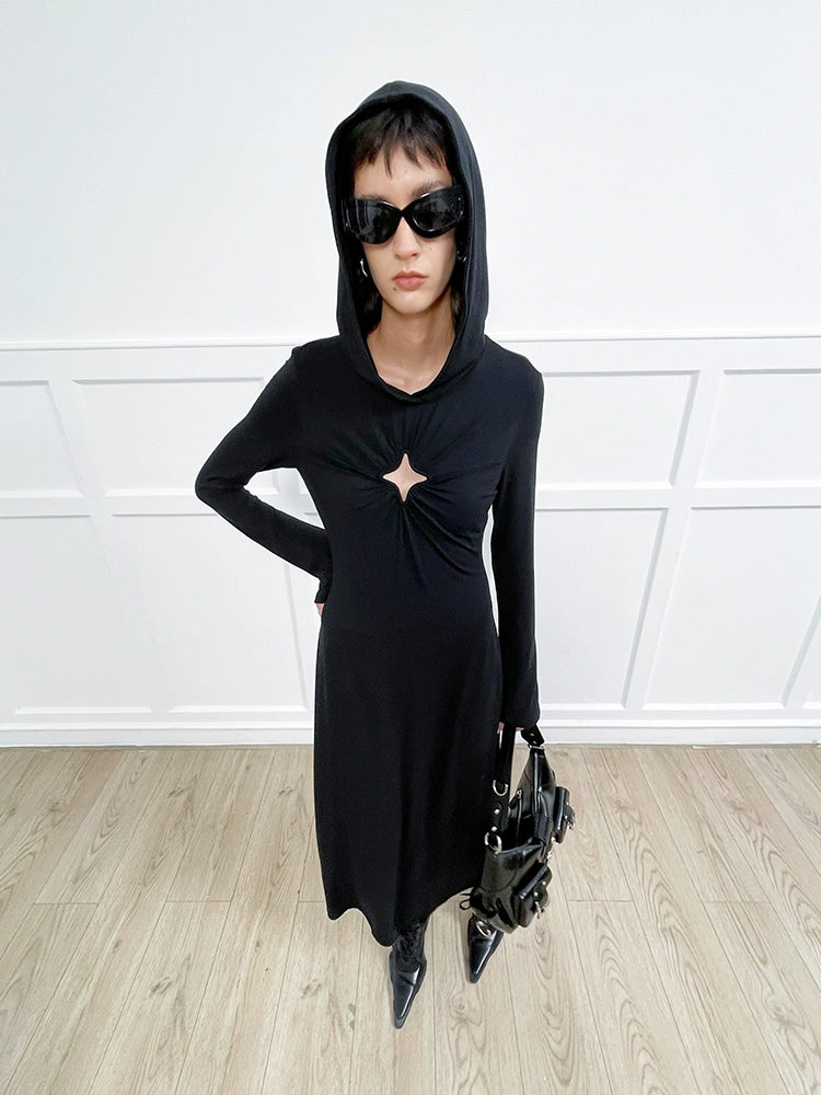 ANNAKIKI Four-pointed star cut-out hooded long-sleeved dress for women-GOU