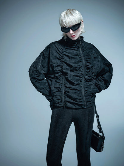 ANNAKIKI black zipper split function pleated jacket for women-HINA