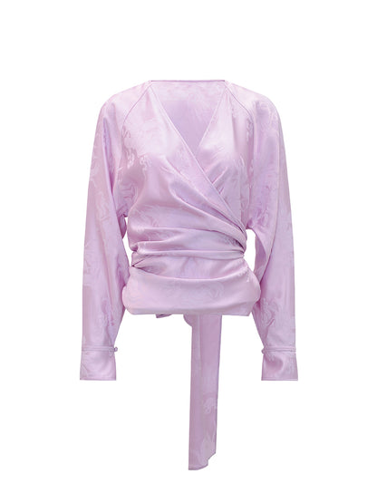 M essential Makay designer hibiscus jacquard layered placket wrap-around waist shirt - BETA.