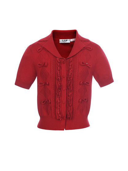 FAME Bow Beaded Knitted Short Sleeve Cardigan Top - AVA.
