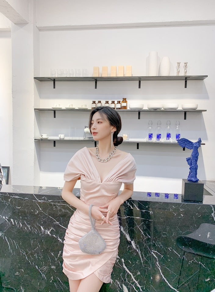 DOLLY Elegant V-Neck Short Sleeve Tube Top Slim Fit Pleated Short Date Dress-LITA