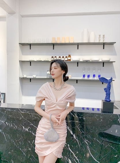 DOLLY Elegant V-Neck Short Sleeve Tube Top Slim Fit Pleated Short Date Dress-LITA