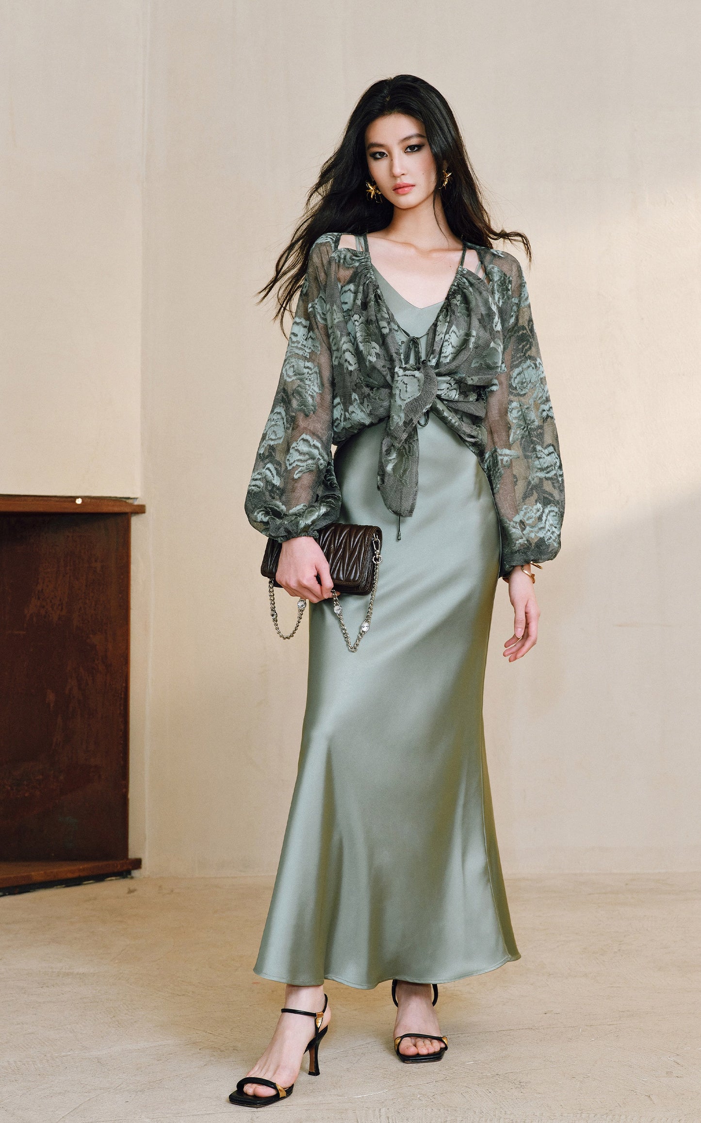 WANGXO Devoré Lace Light and Shadow Heavy Industry Bias French Cardigan & Satin Sundress Set - ESMEE