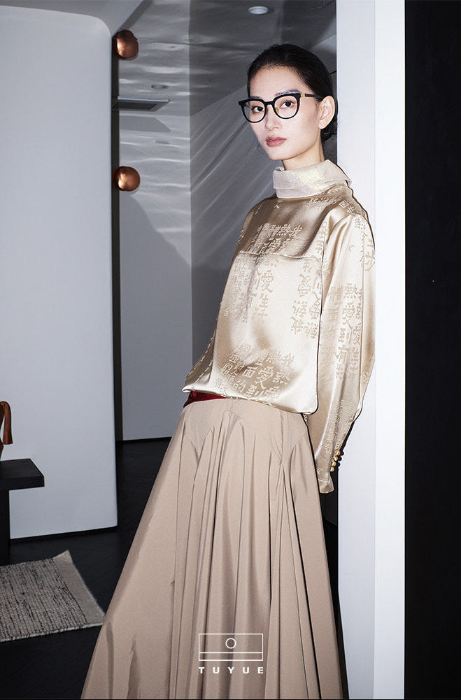 TUYUE Satin Calligraphy Dark Pattern High Neck Breasted Straight Shirt- KAYLA.