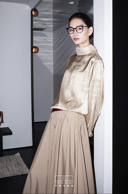 TUYUE Satin Calligraphy Dark Pattern High Neck Breasted Straight Shirt- KAYLA.