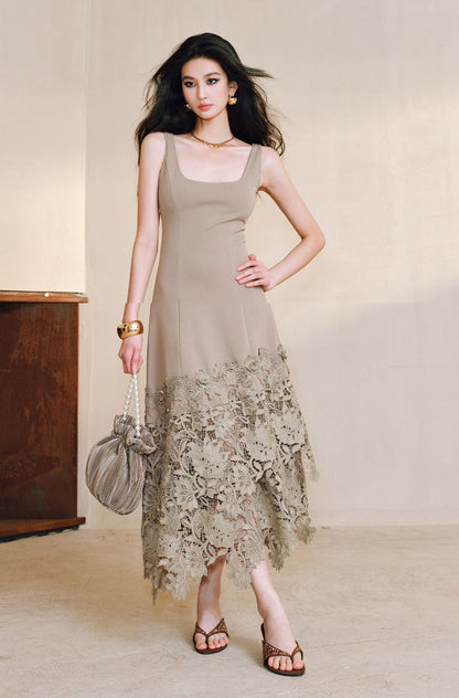 WANGXO High Stretch Knitted Stitching Neckline Slim Fit Three-Dimensional Split Sleeveless Dress - ELISE