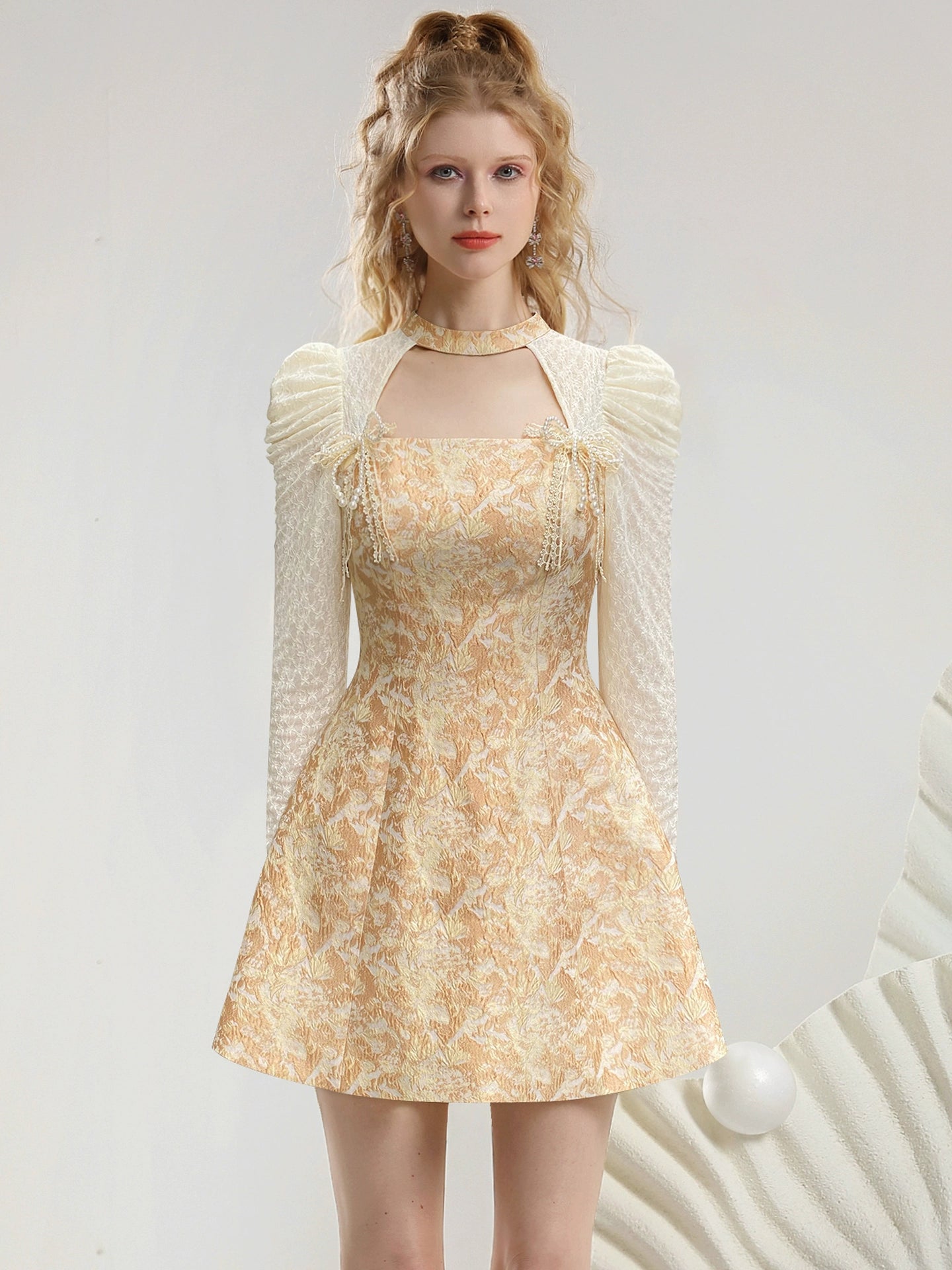 CHECOCRE Stubble new bow decoration waist long sleeve court style dress - WING.