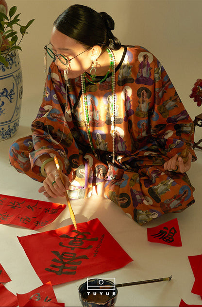 TUYUE Dunhuang mural printed Chinese morning long-sleeved robe- BENNY.