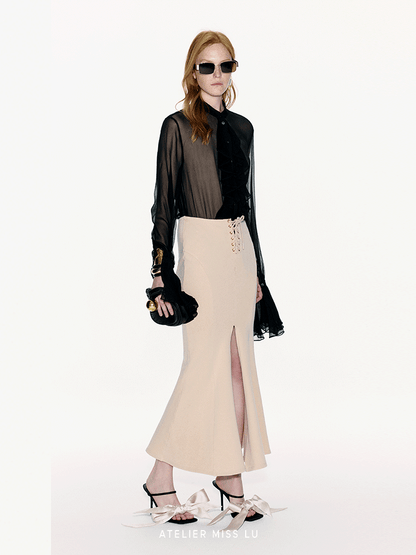ATELIER MISS LU Court Style Flowing Sheer Mulberry Silk Top - ROSEMARY