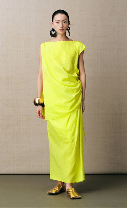 ZHUCHONGYUN lemon yellow gathered waist shirred slim skirt-BAFFY.