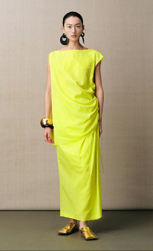 ZHUCHONGYUN lemon yellow gathered waist shirred slim skirt-BAFFY.