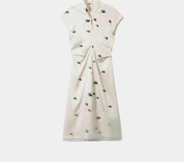 SUSHE Printed Cutout Small V-Neck Top Waist Temperament Dress-CORA