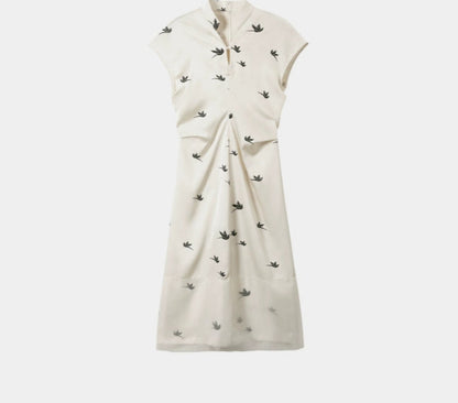SUSHE Printed Cutout Small V-Neck Top Waist Temperament Dress-CORA