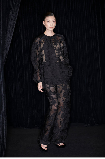 M essential Mackay designer slashed silk-cut semi-sheer lace pant top - indigo.