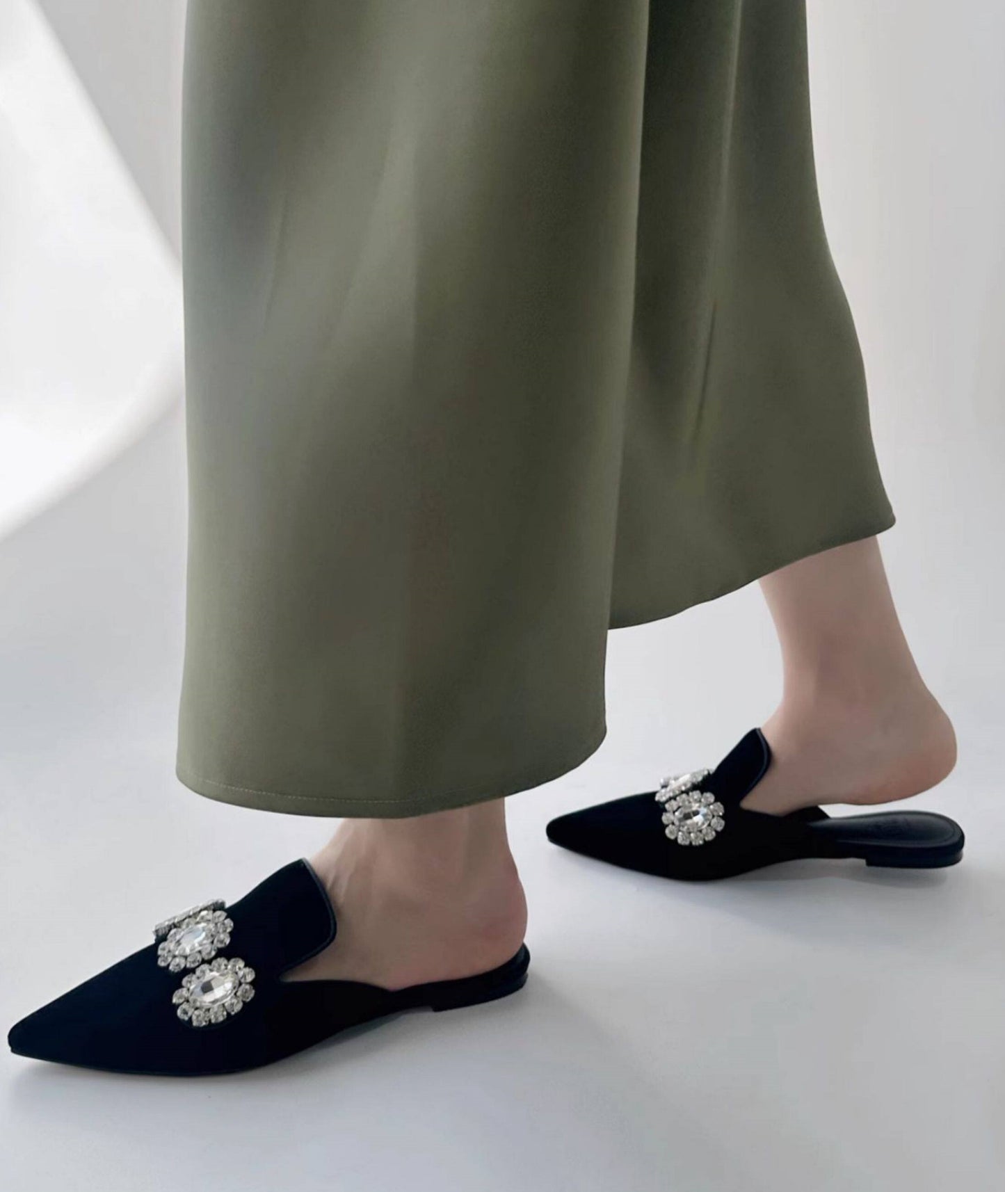 B-FEI custom pointed rhinestone flat mules.