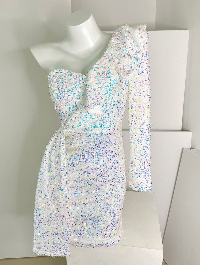 DOLLY Luxury White Sequined Slant Collar Off Shoulder Long Sleeve Dinner Dress-KAKA