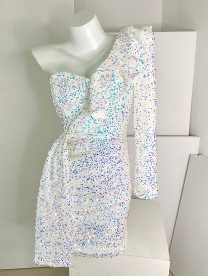 DOLLY Luxury White Sequined Slant Collar Off Shoulder Long Sleeve Dinner Dress-KAKA