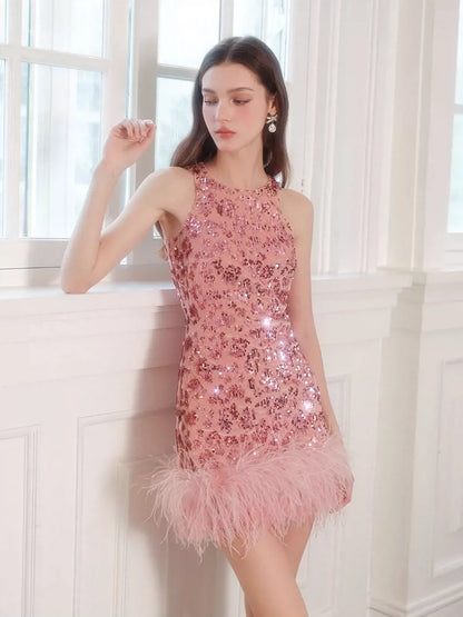 Wardrobes by Chen Dark Rose Pink Floral Sequin Feather Short cocktail Dress-Luciana