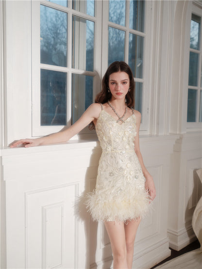 Wardrobes by Chen Luxury V-Neck Sleeveless Floral Feather Short bridal Dress-Shife