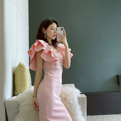 DOLLY Elegant Square Collar Ruffle Short Sleeves Slim Fit Midi Office Dress-HELEN