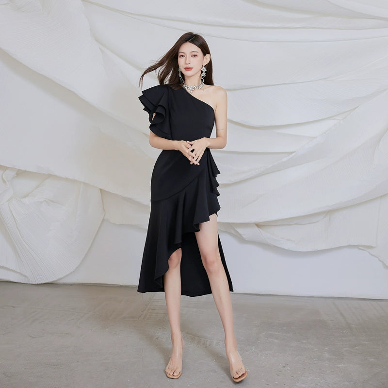 DOLLY Elegant Slant Collar Ruffle Sleeve Slim Fit Midi Irregular Skirt Party Dress-GANGA