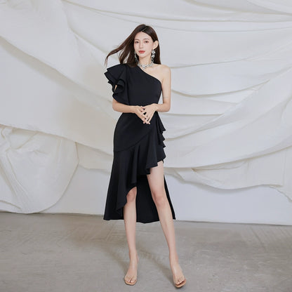 DOLLY Elegant Slant Collar Ruffle Sleeve Slim Fit Midi Irregular Skirt Party Dress-GANGA