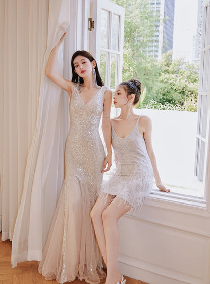 DOLLY Luxury Sliver V-Neck Sleeveless Beaded Sequin Feather Short Dress-JULIA