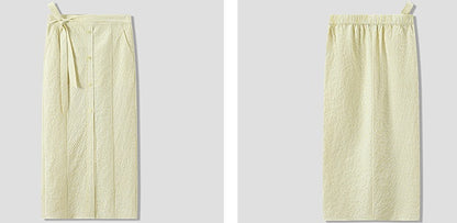 COMME MOI Crinkled yellow striped front slit midi skirt - CUBA.