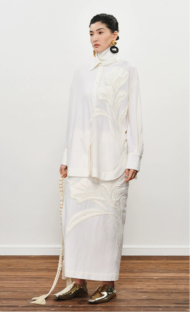 ZHUCHONGYUN Embroidered Straight Sheep Wool Lapel Shirt Top-LOLA.